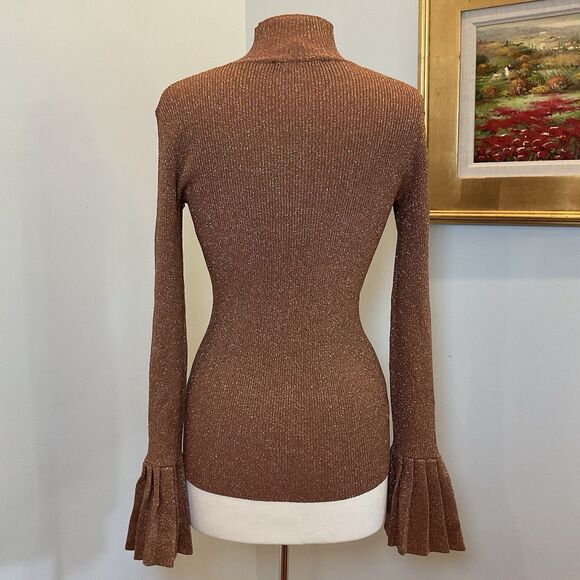 Carven Rose Gold Lurex Metallic Turtleneck Sweater Pleated Bell Cuff Size Small - Picture 6 of 10
